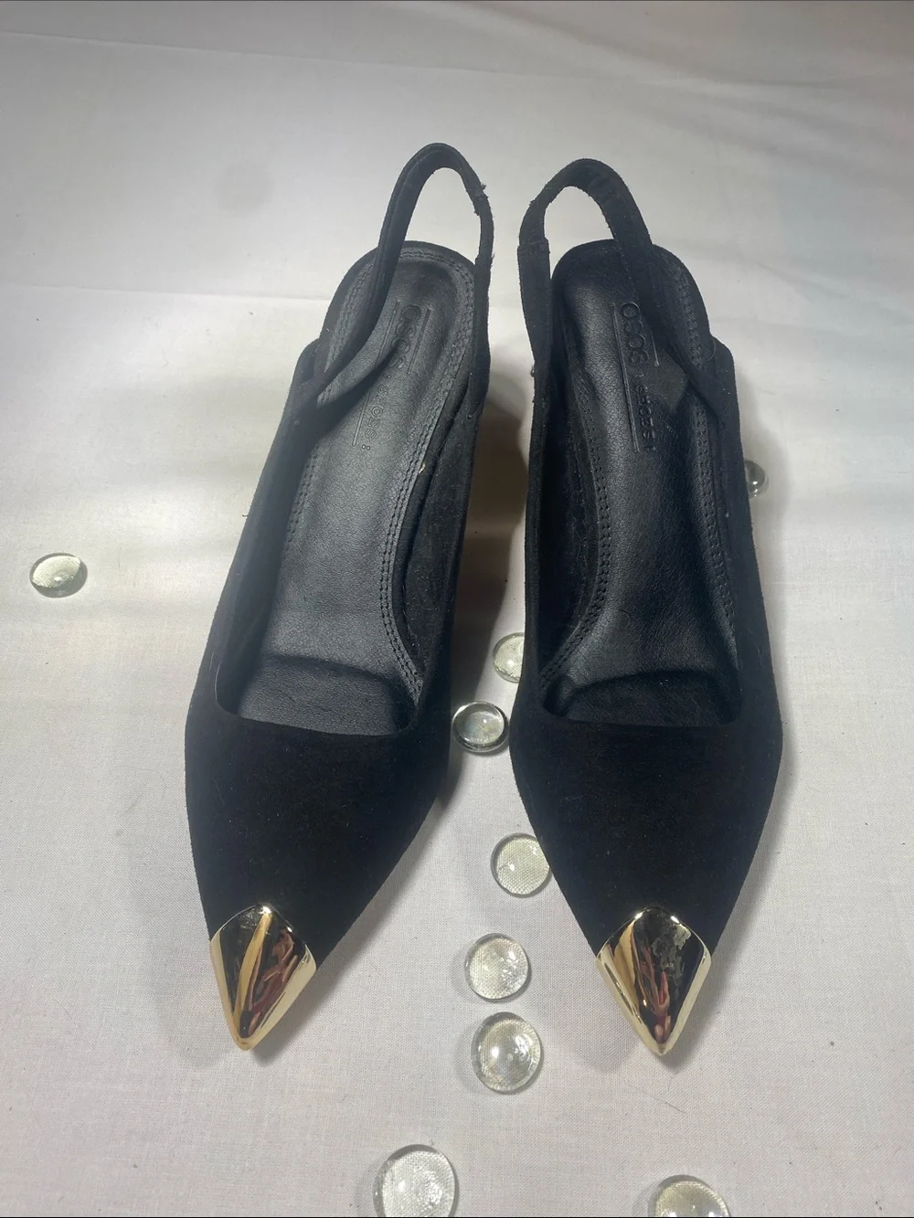 ASOS Black Suedette Gold Cap-Toe Slingback Kitten Heels